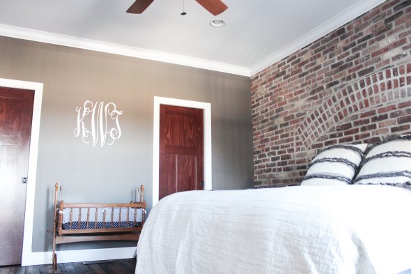 Personalized Monogram Wall Decal and Brick Wall in Bedroom