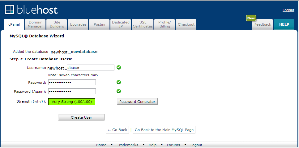 Create your database user and password